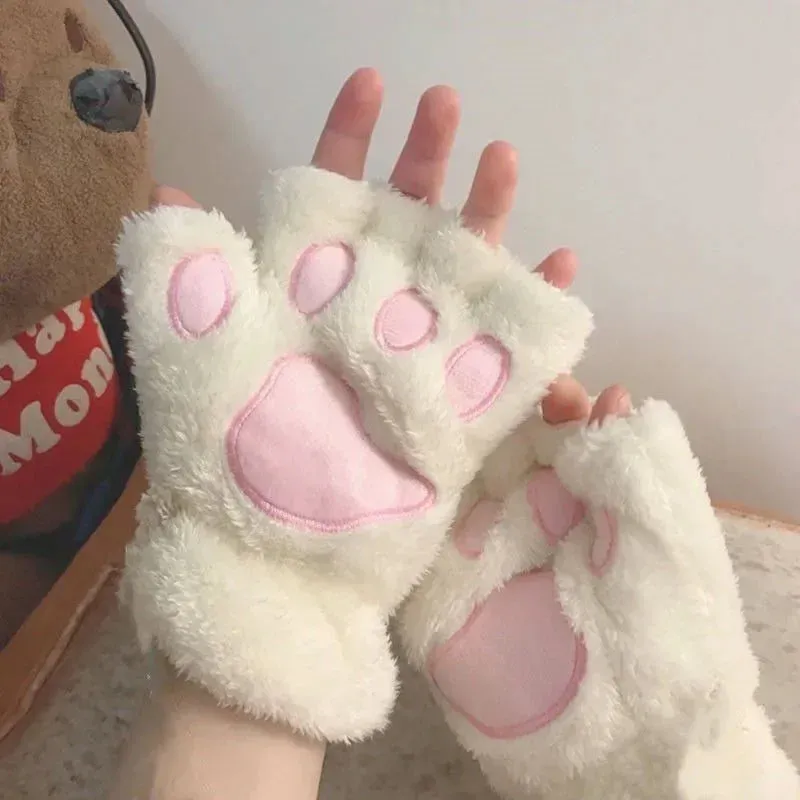 Women's Fashion Cat Gloves Cat Claw Paw Plush Mittens Warm Soft Plush Short Fingerless Half Finger Winter Thick Gloves