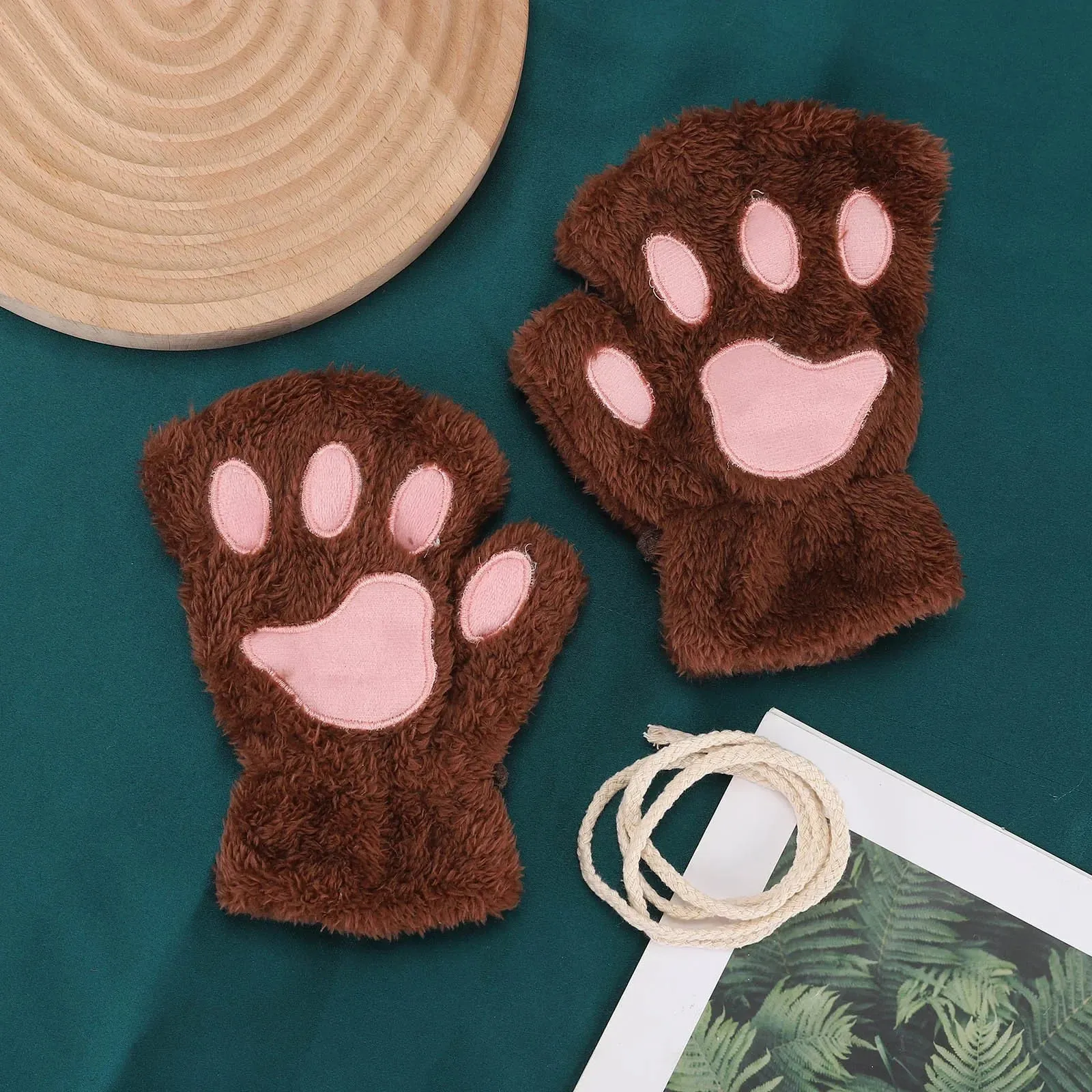 Women's Fashion Cat Gloves Cat Claw Paw Plush Mittens Warm Soft Plush Short Fingerless Half Finger Winter Thick Gloves