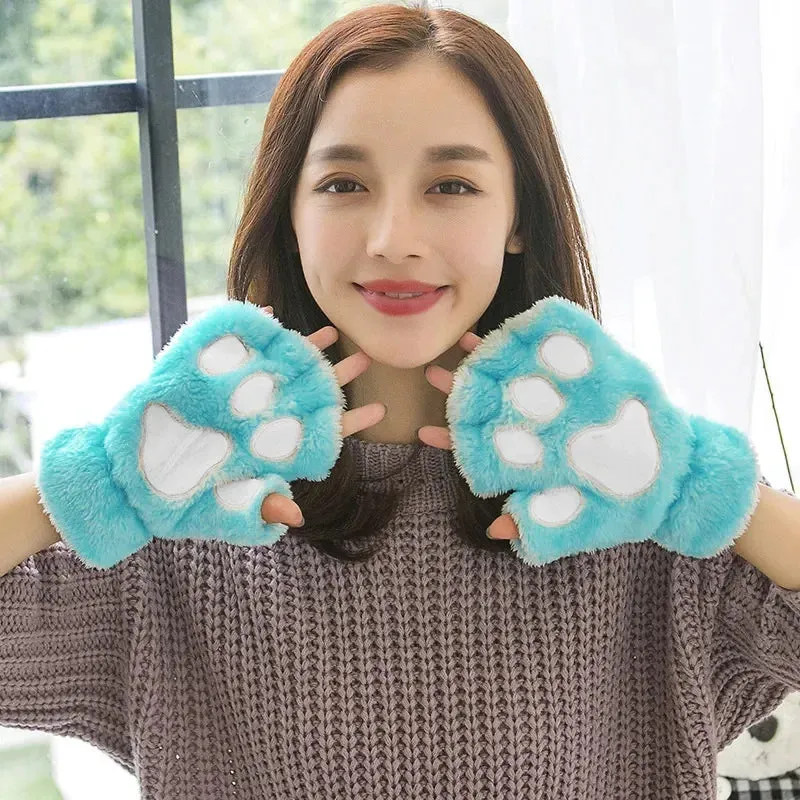 Women's Fashion Cat Gloves Cat Claw Paw Plush Mittens Warm Soft Plush Short Fingerless Half Finger Winter Thick Gloves