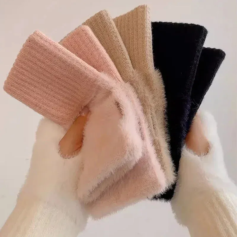 Women's Mink Fleece Fingerless Winter Gloves