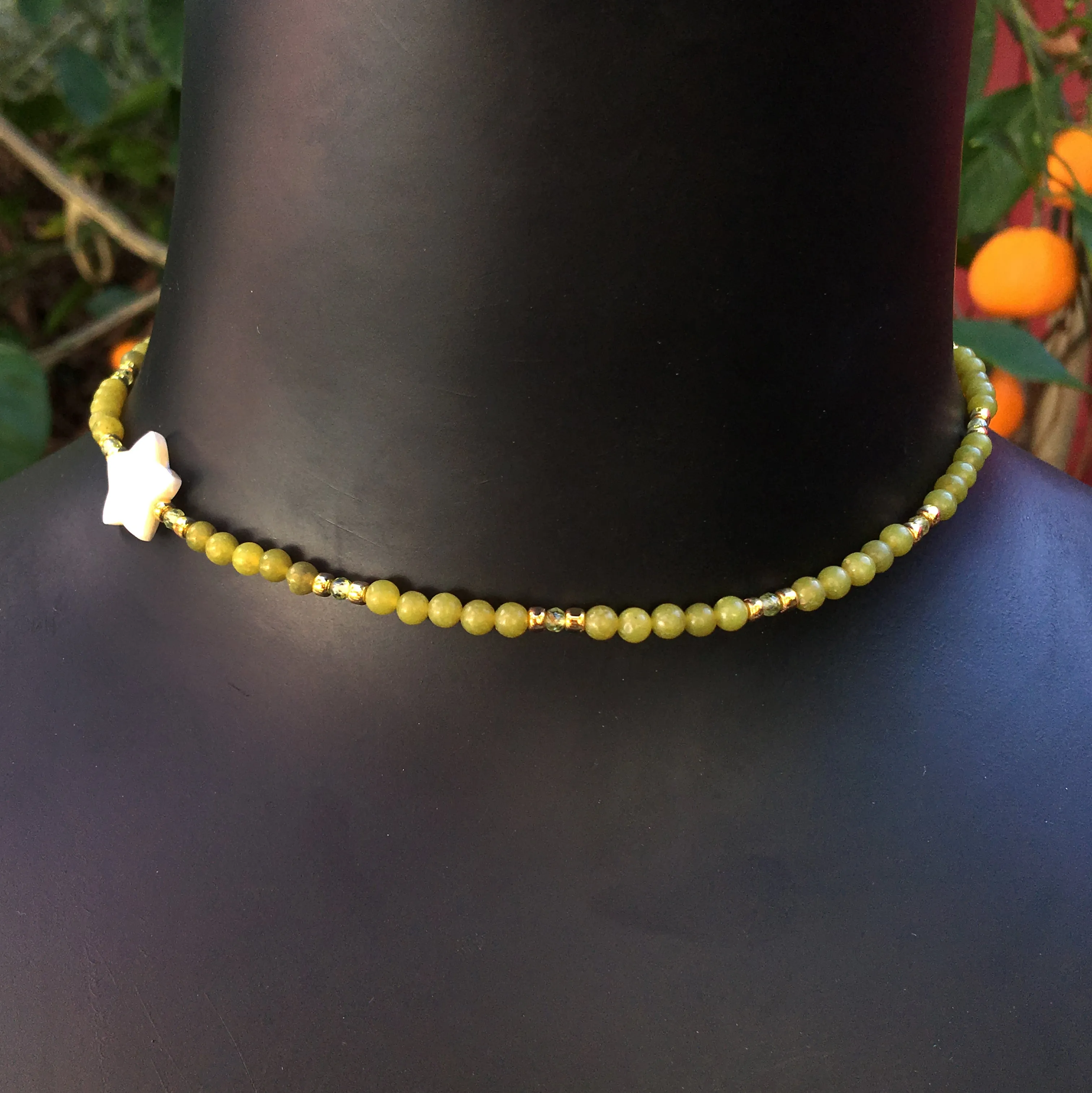 Women's Olive Jade Gemstone with Mother of Pearl Star Choker Necklace