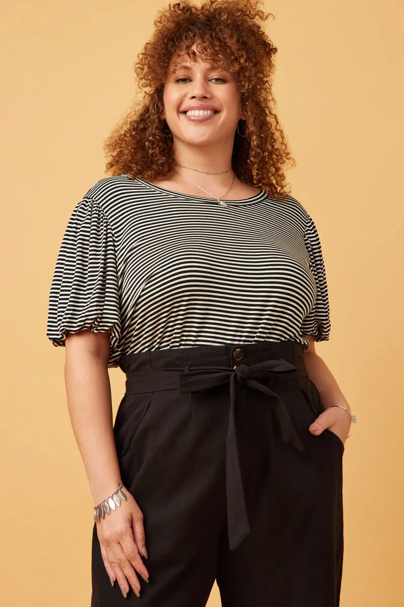 Womens Striped Puff Sleeve Knit T Shirt