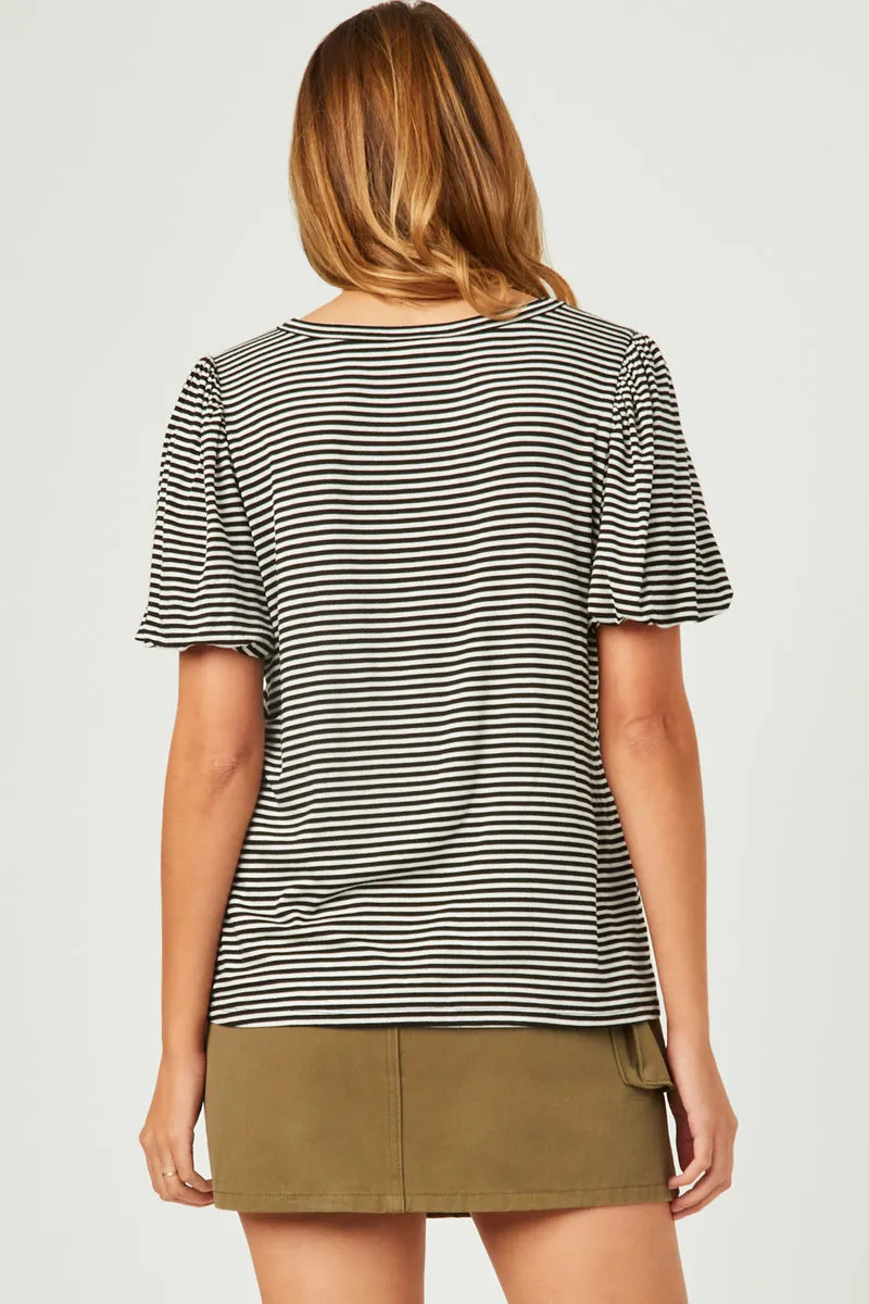 Womens Striped Puff Sleeve Knit T Shirt