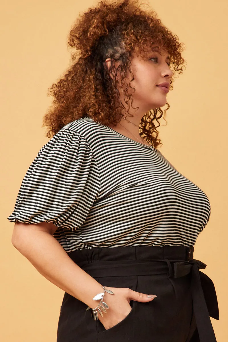Womens Striped Puff Sleeve Knit T Shirt