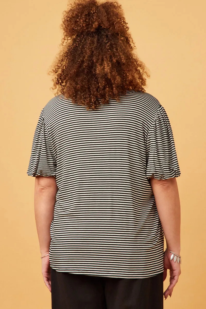 Womens Striped Puff Sleeve Knit T Shirt
