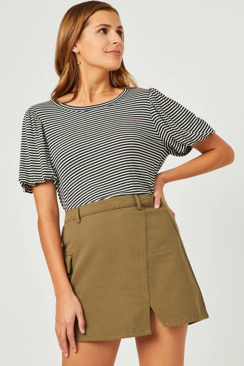 Womens Striped Puff Sleeve Knit T Shirt