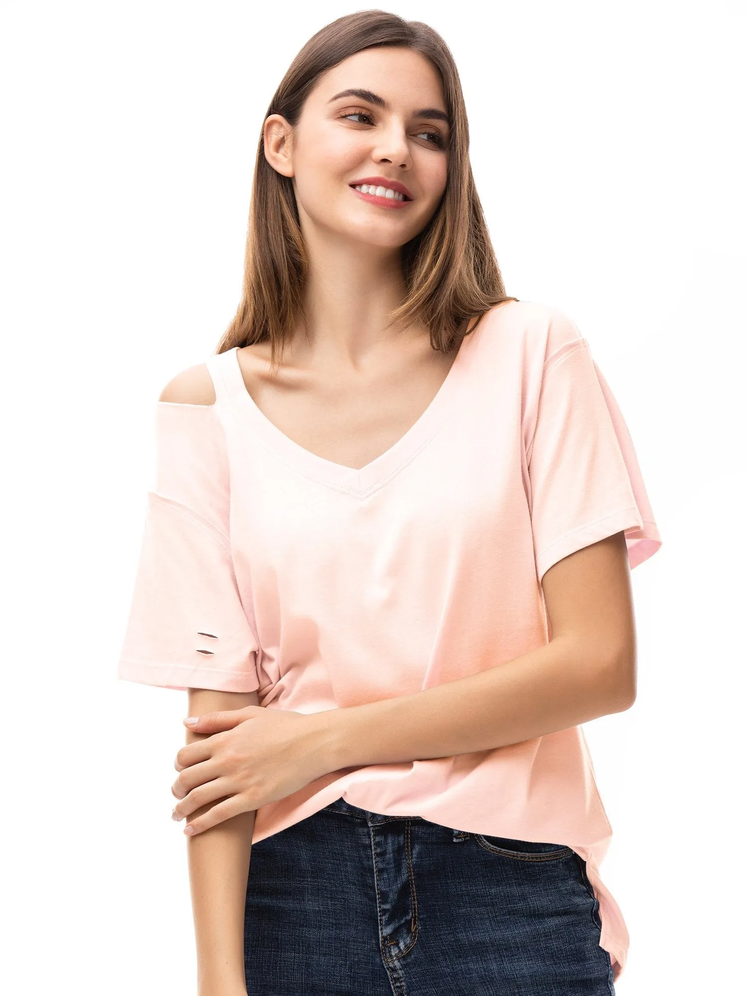 Women‘s V Neck T Shirts Loose Fitting Short Sleeve Cotton Cold Shoulder Casual Tops