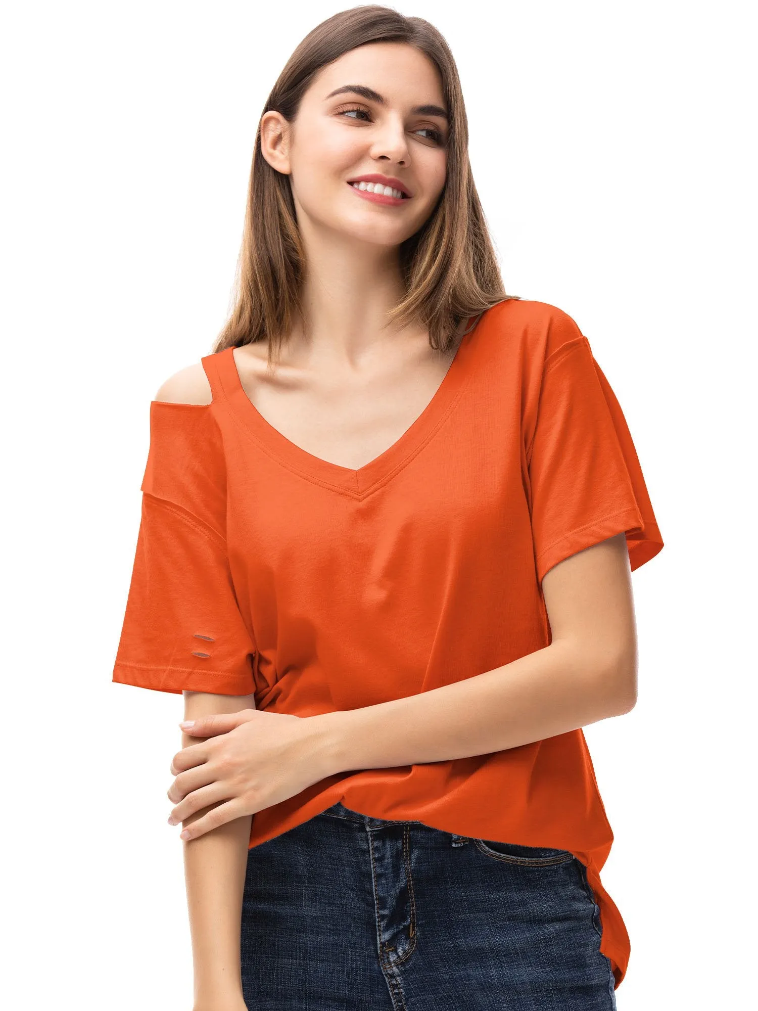 Women‘s V Neck T Shirts Loose Fitting Short Sleeve Cotton Cold Shoulder Casual Tops