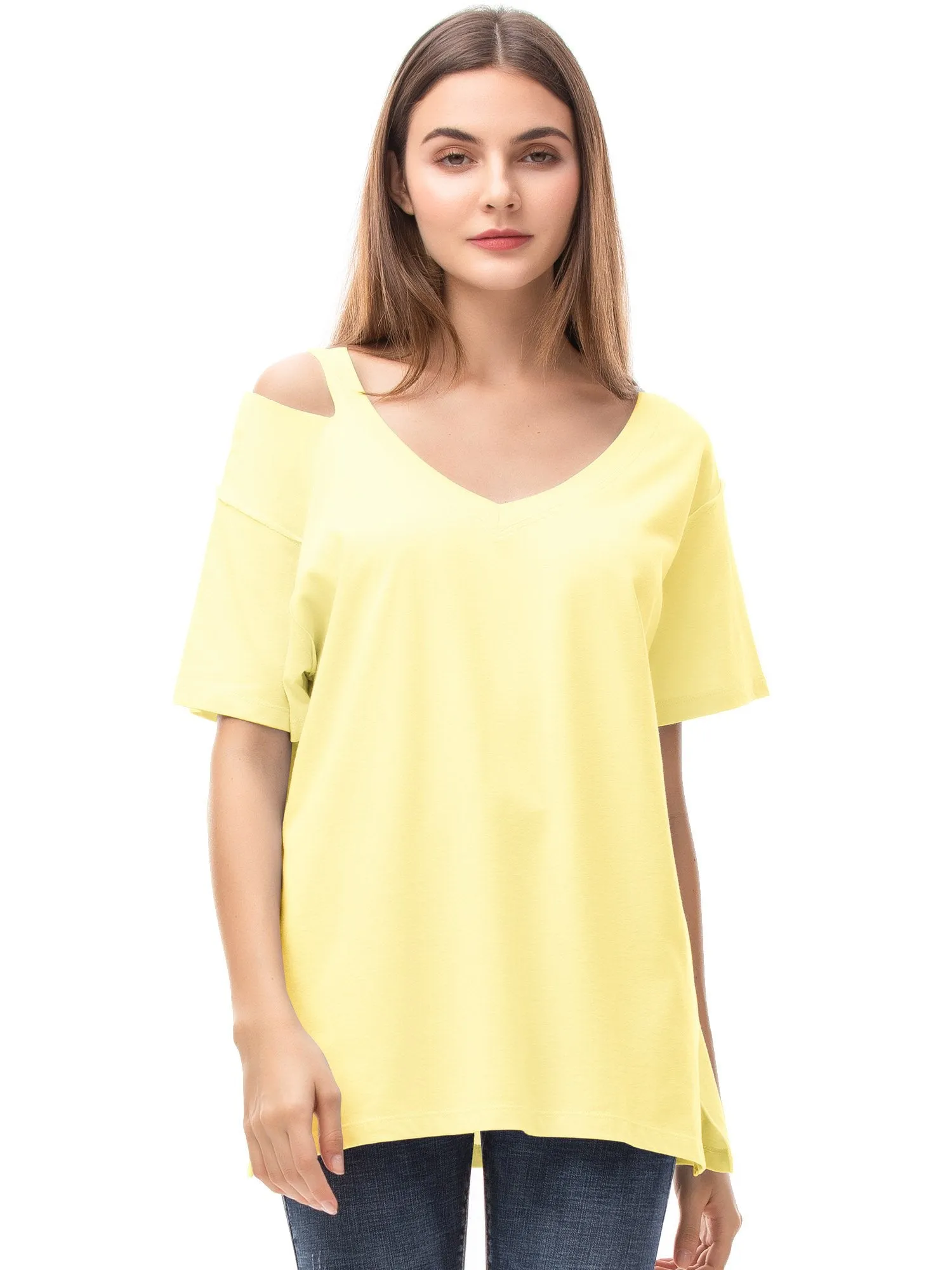 Women‘s V Neck T Shirts Loose Fitting Short Sleeve Cotton Cold Shoulder Casual Tops