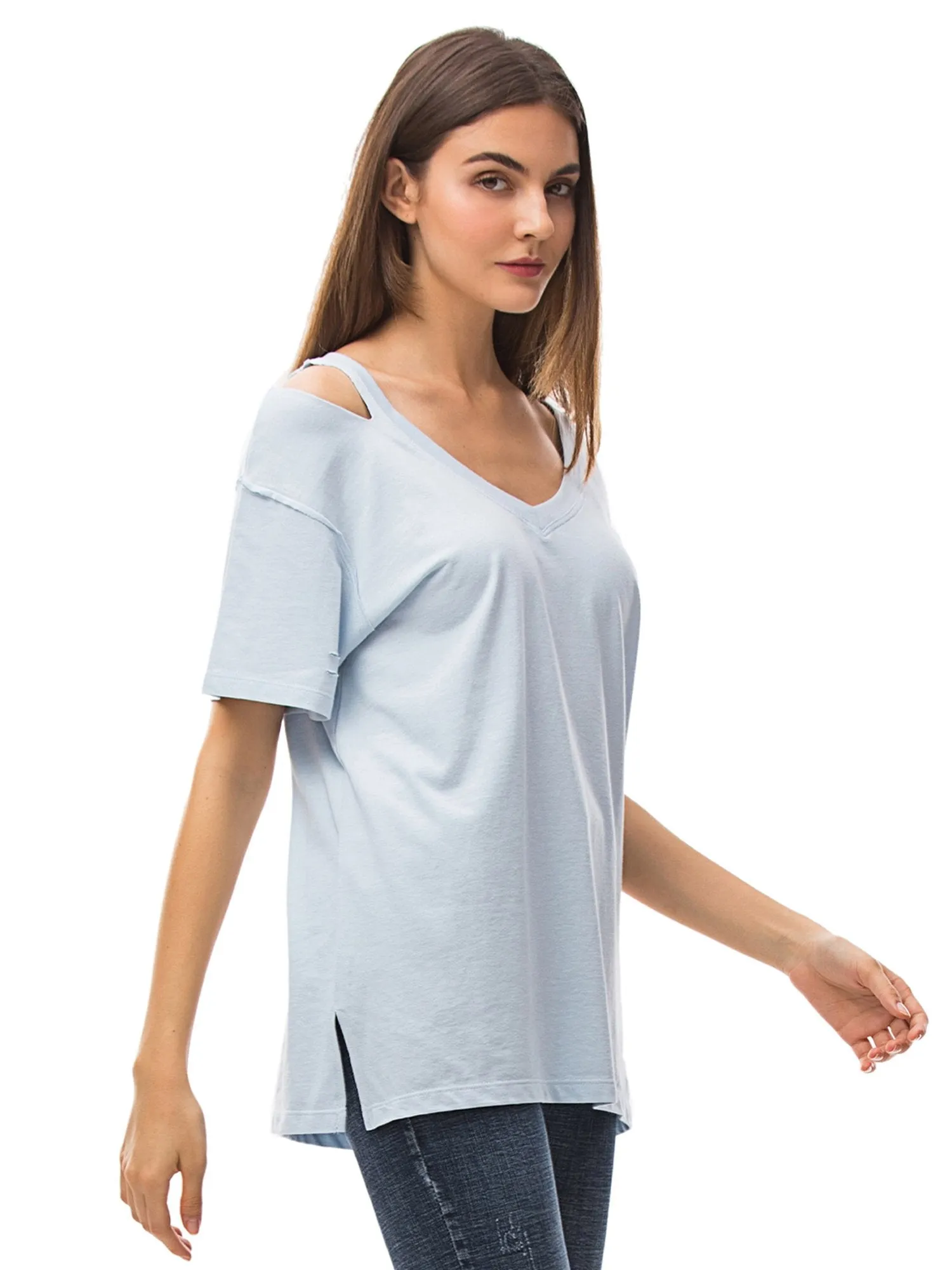 Women‘s V Neck T Shirts Loose Fitting Short Sleeve Cotton Cold Shoulder Casual Tops