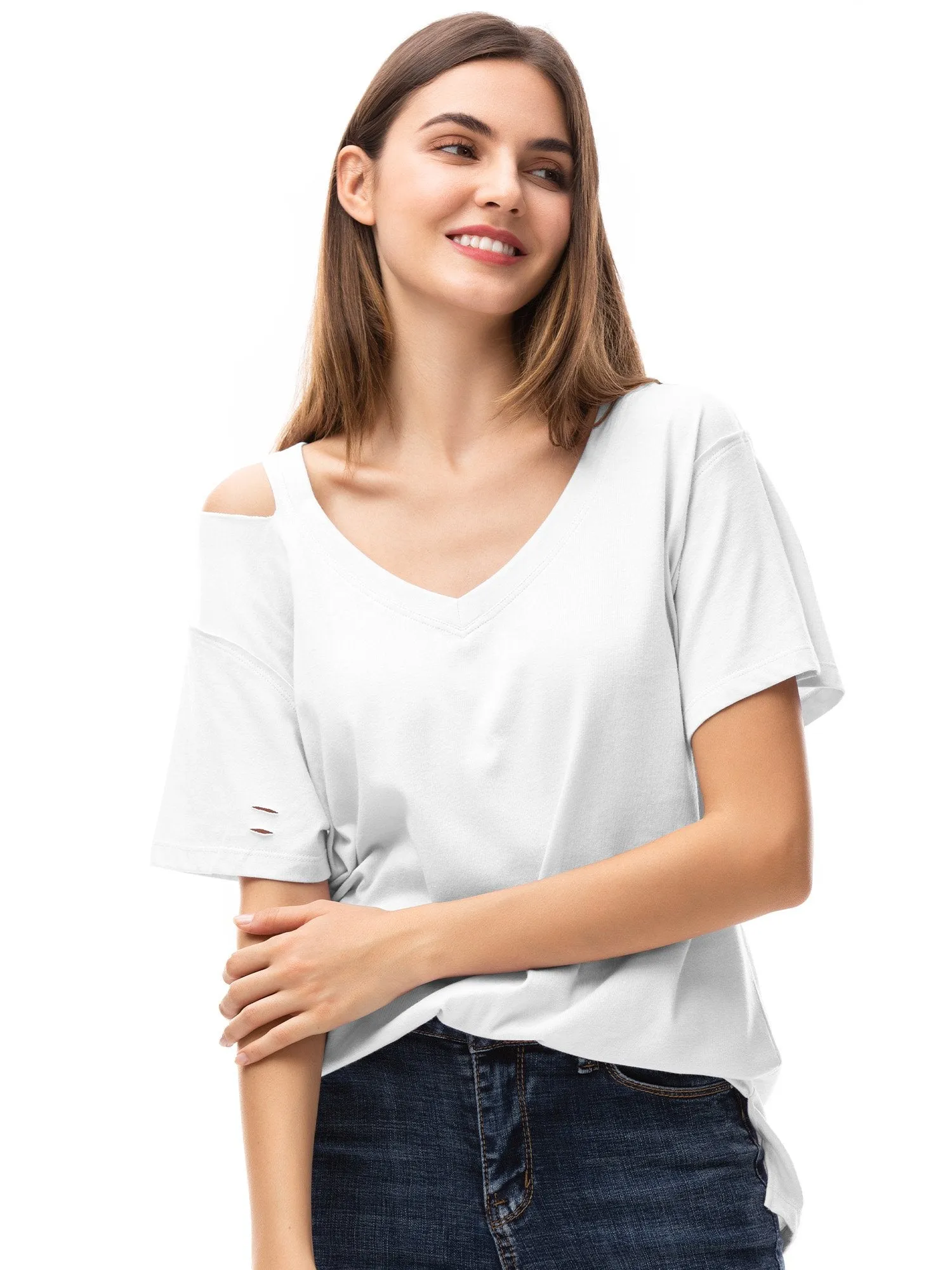 Women‘s V Neck T Shirts Loose Fitting Short Sleeve Cotton Cold Shoulder Casual Tops