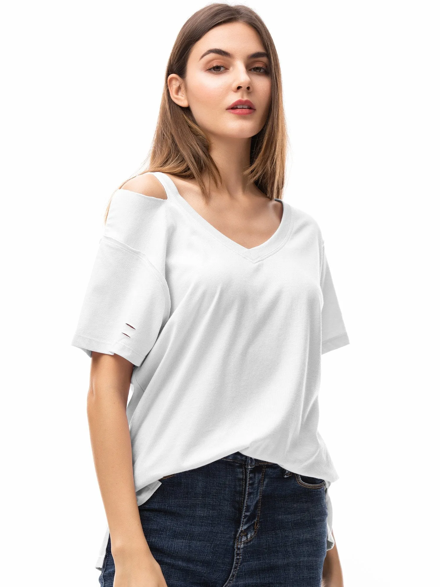 Women‘s V Neck T Shirts Loose Fitting Short Sleeve Cotton Cold Shoulder Casual Tops