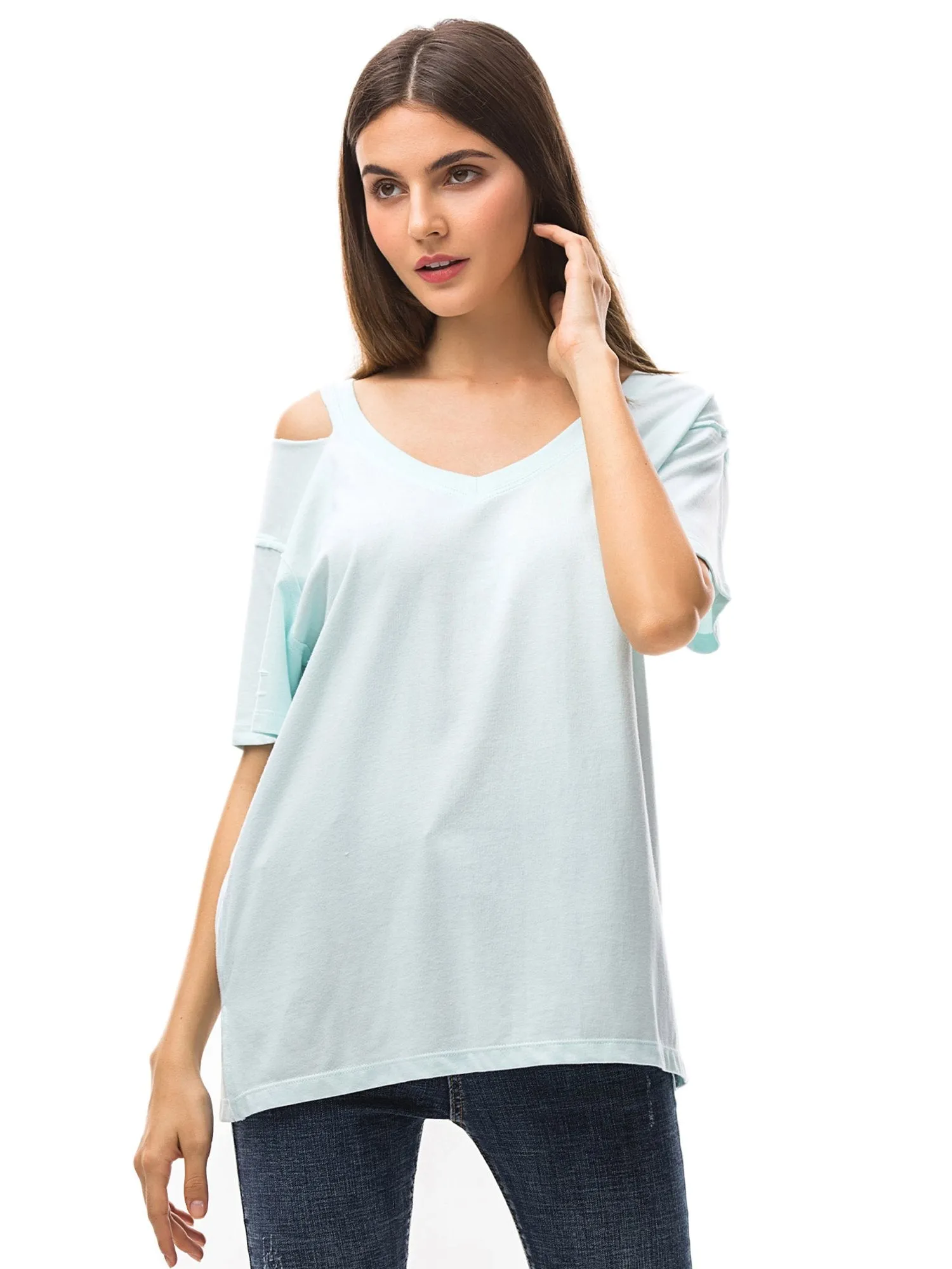 Women‘s V Neck T Shirts Loose Fitting Short Sleeve Cotton Cold Shoulder Casual Tops