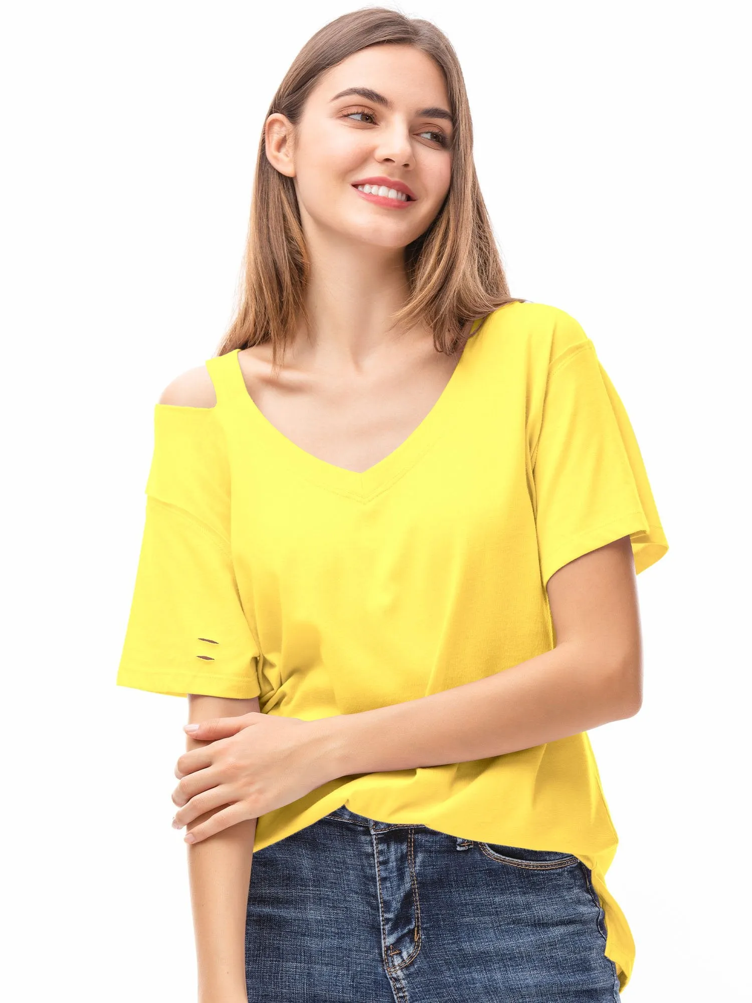 Women‘s V Neck T Shirts Loose Fitting Short Sleeve Cotton Cold Shoulder Casual Tops