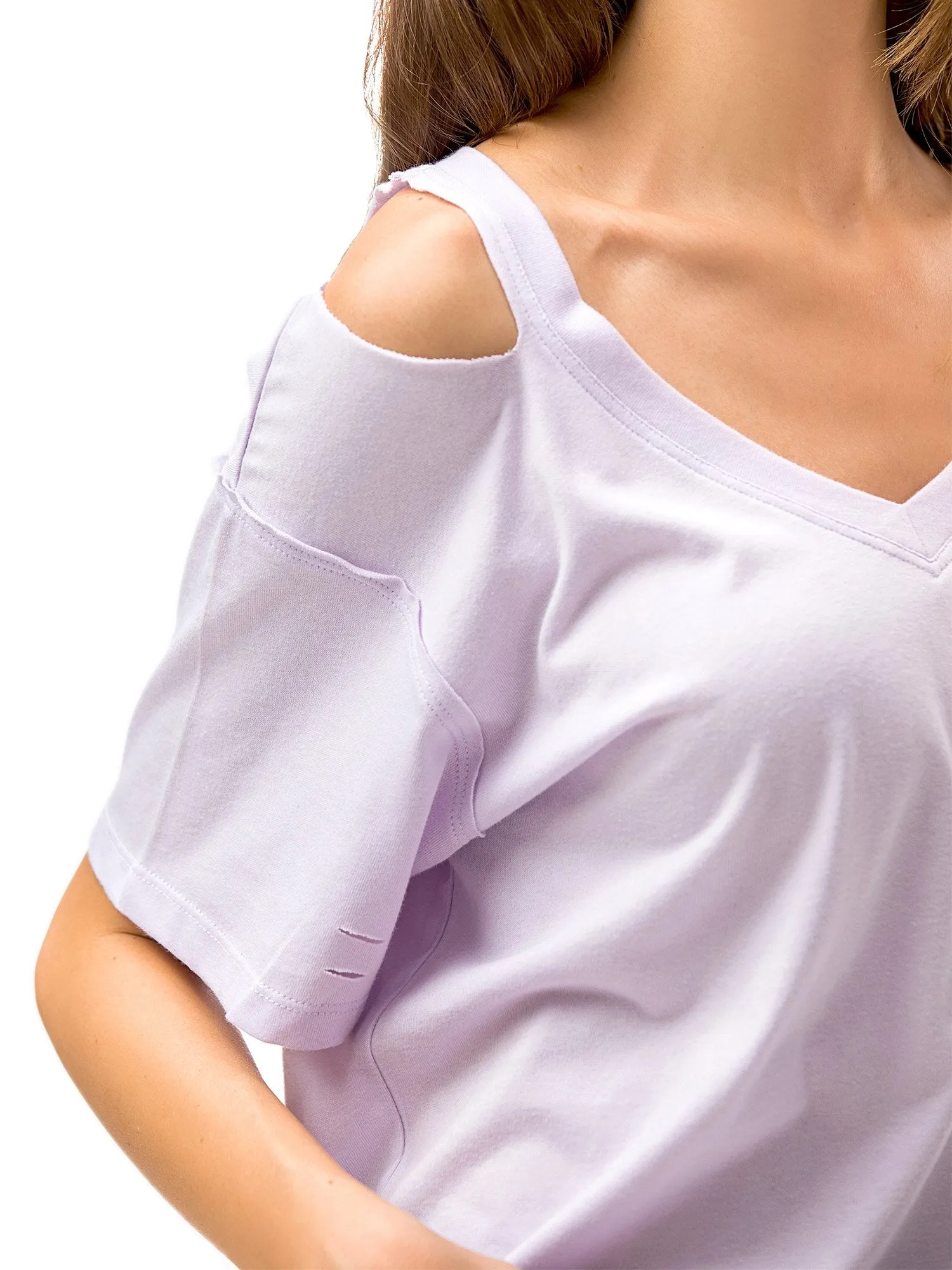 Women‘s V Neck T Shirts Loose Fitting Short Sleeve Cotton Cold Shoulder Casual Tops