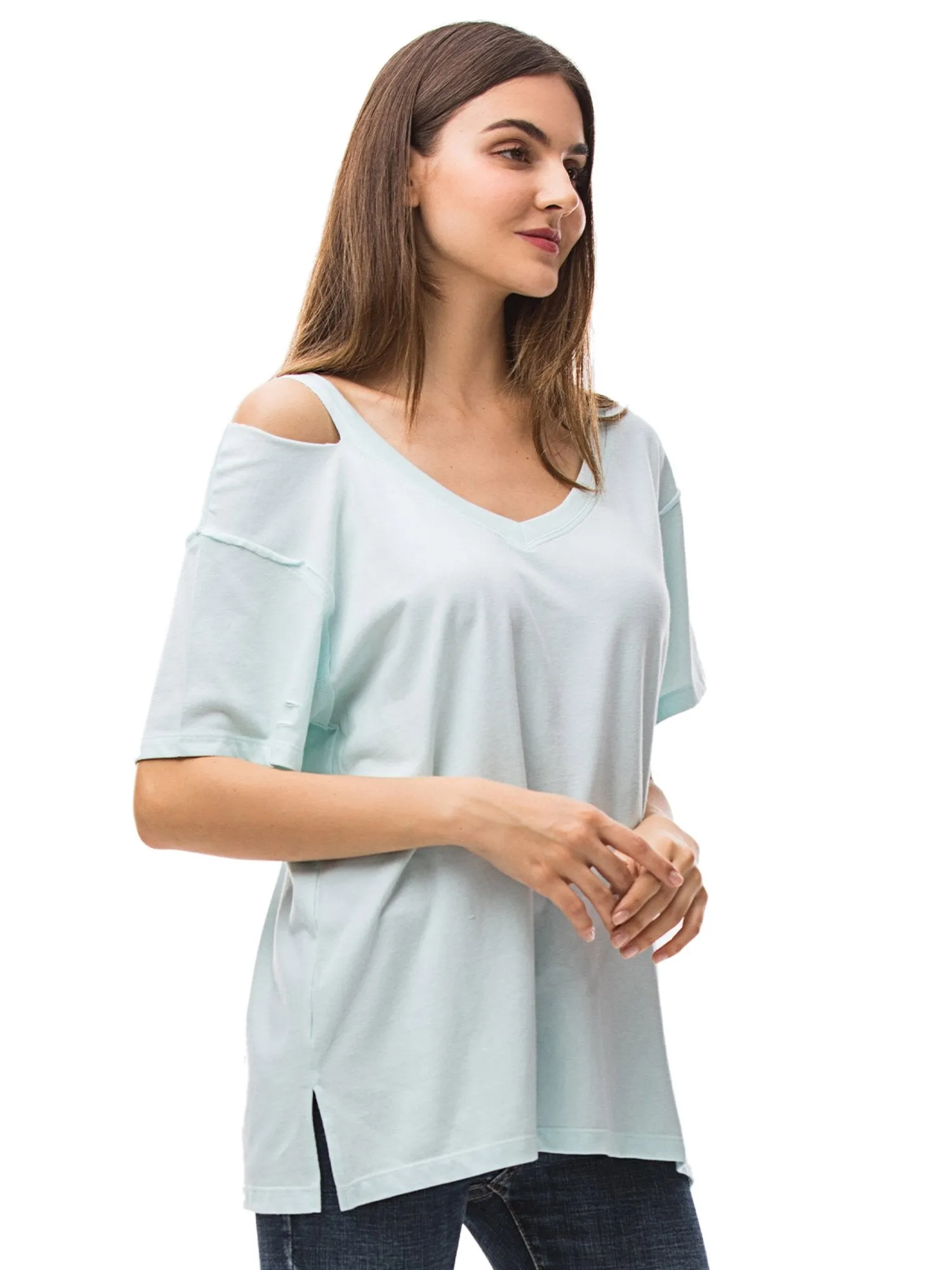 Women‘s V Neck T Shirts Loose Fitting Short Sleeve Cotton Cold Shoulder Casual Tops