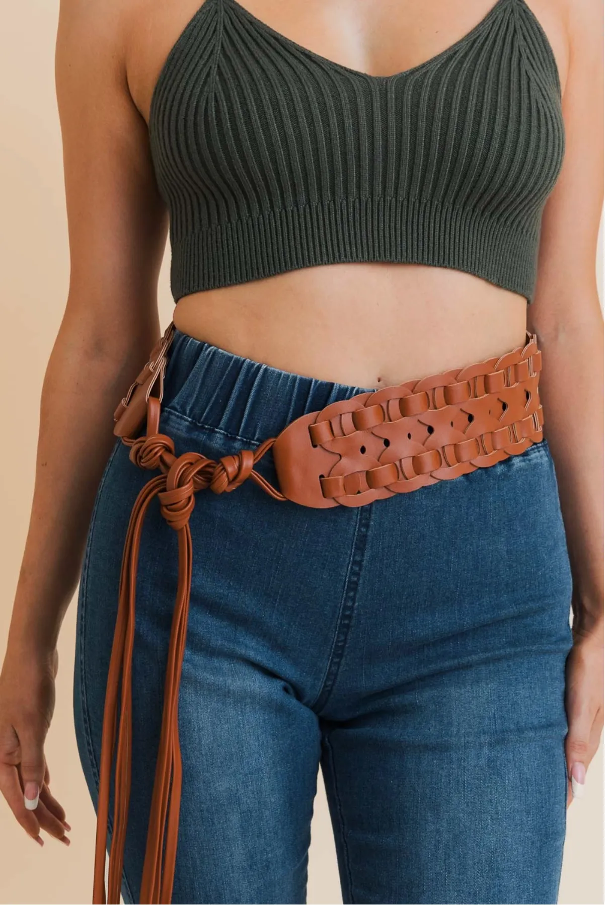 Woven Tie Up Belt - Tan