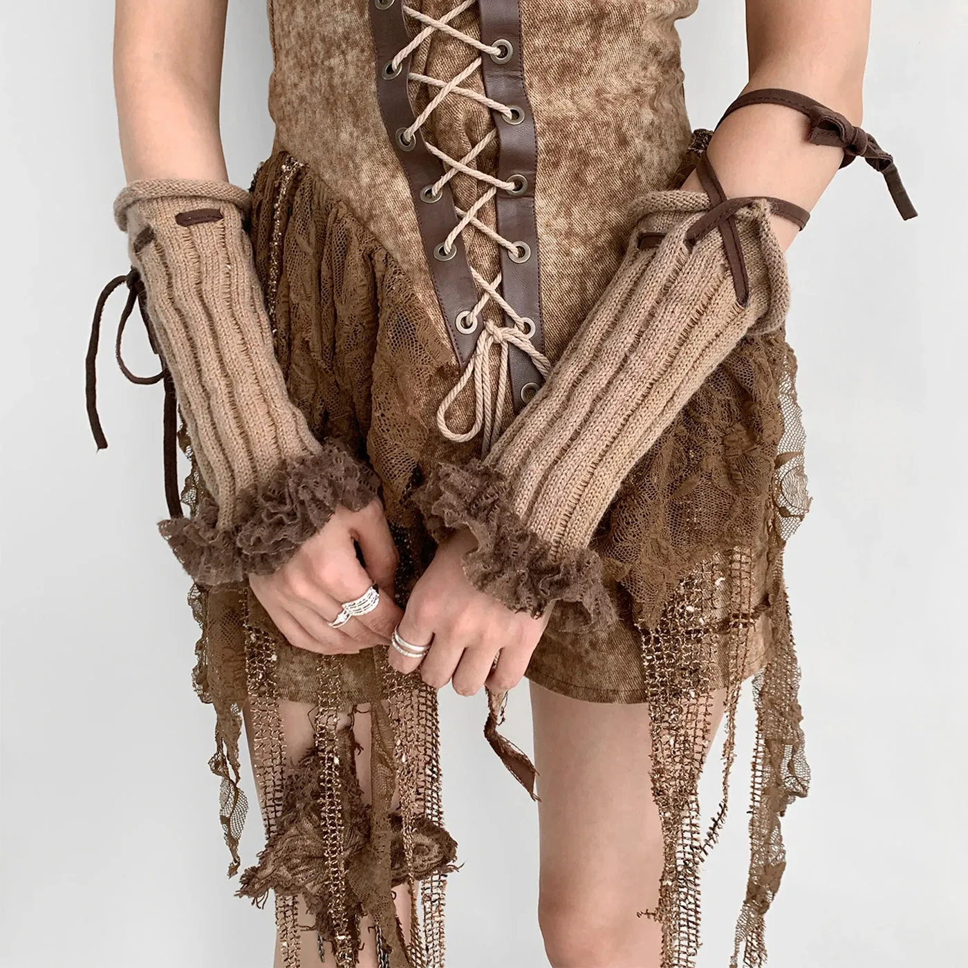Y2K Lace Knit Fingerless Gloves with Tied Cuffs – Punk Women’s Strap Hand Sleeves, Gothic Lolita & JK Style Accessories