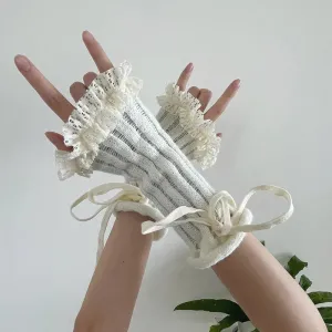 Y2K Lace Knit Fingerless Gloves with Tied Cuffs – Punk Women’s Strap Hand Sleeves, Gothic Lolita & JK Style Accessories