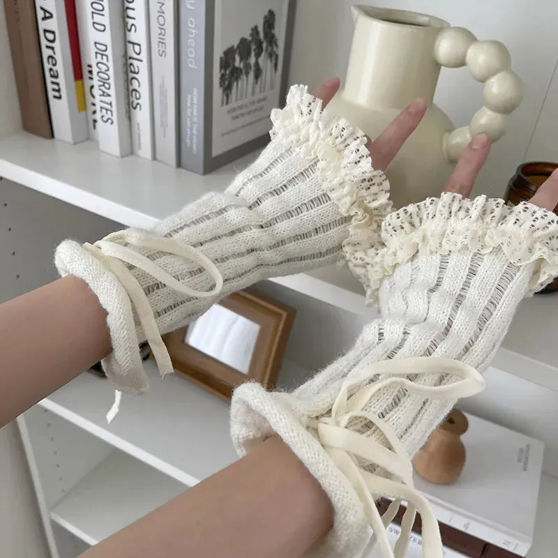Y2K Lace Knit Fingerless Gloves with Tied Cuffs – Punk Women’s Strap Hand Sleeves, Gothic Lolita & JK Style Accessories