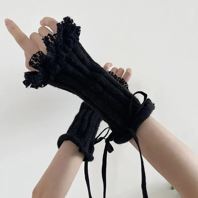 Y2K Lace Knit Fingerless Gloves with Tied Cuffs – Punk Women’s Strap Hand Sleeves, Gothic Lolita & JK Style Accessories