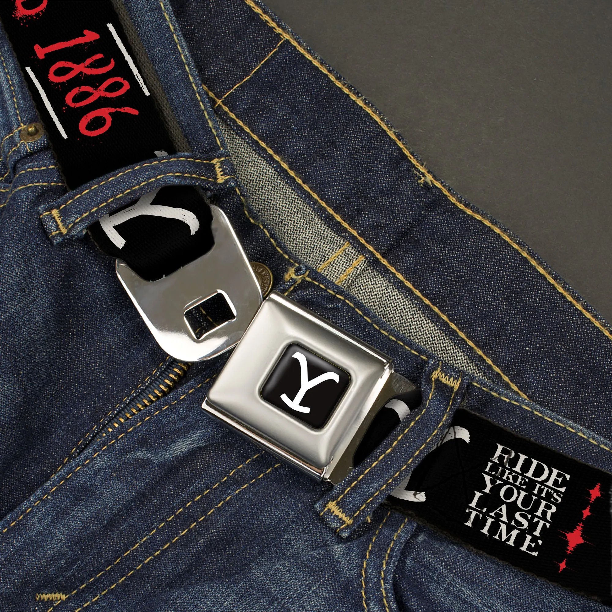Yellowstone Y Logo Full Color Black/White Seatbelt Belt - YELLOWSTONE Dutton Ranch 1886 Icons Black/White/Red Webbing